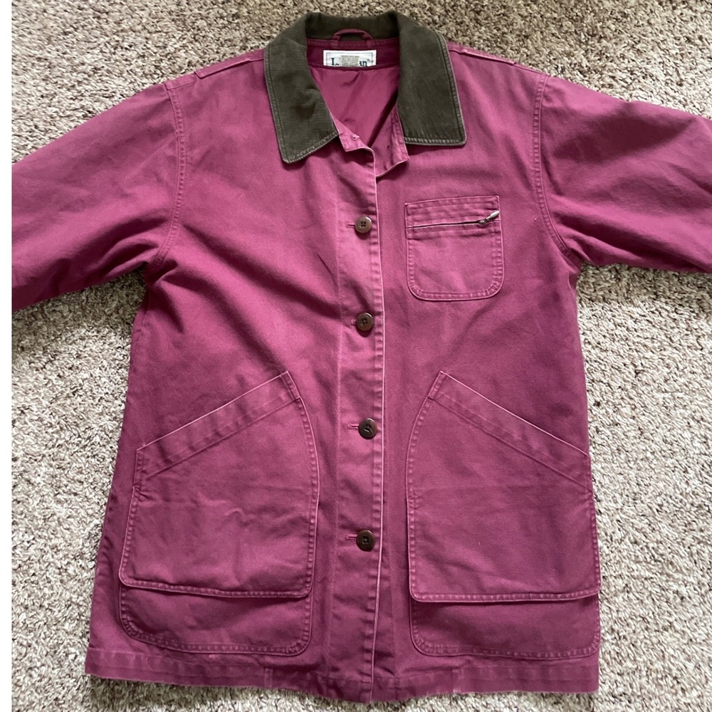 LL Bean Womens Burgundy Cotton Canvas Barn Coat Corduroy Collar Jacket Medium - Picture 5 of 16